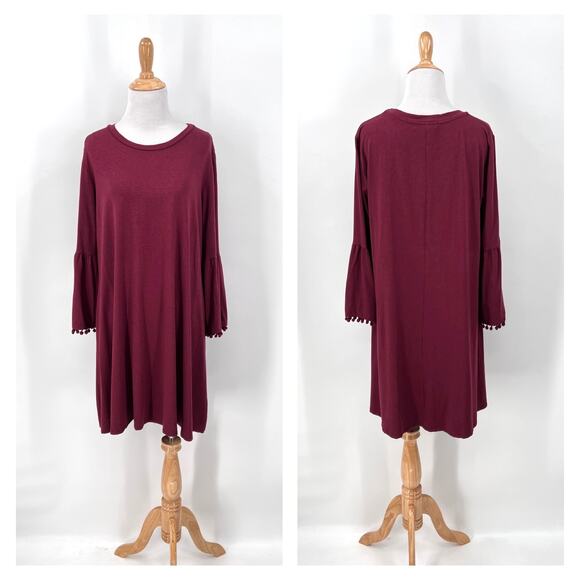 JOHNNY WAS CALME Flute Sleeve Swing Dress Womens Medium Burgundy Maroon Pom Pom - Picture 2 of 15